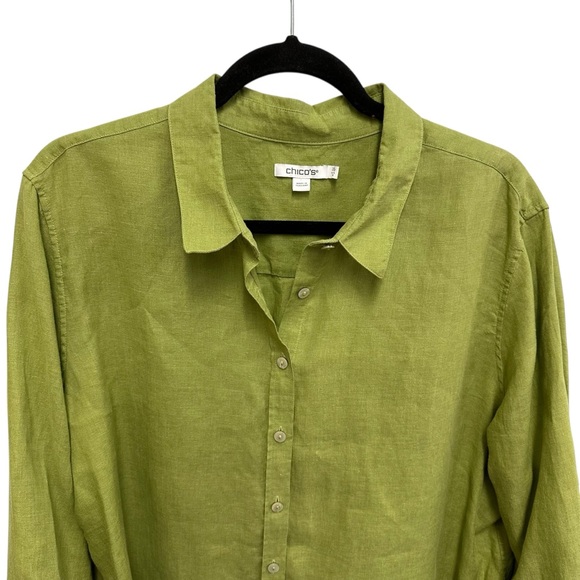 Chico’s 100% linen green button down blouse with mother of pearl buttons Size 18 - Picture 2 of 10